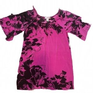 PINK and black floral cold shoulder short dress .